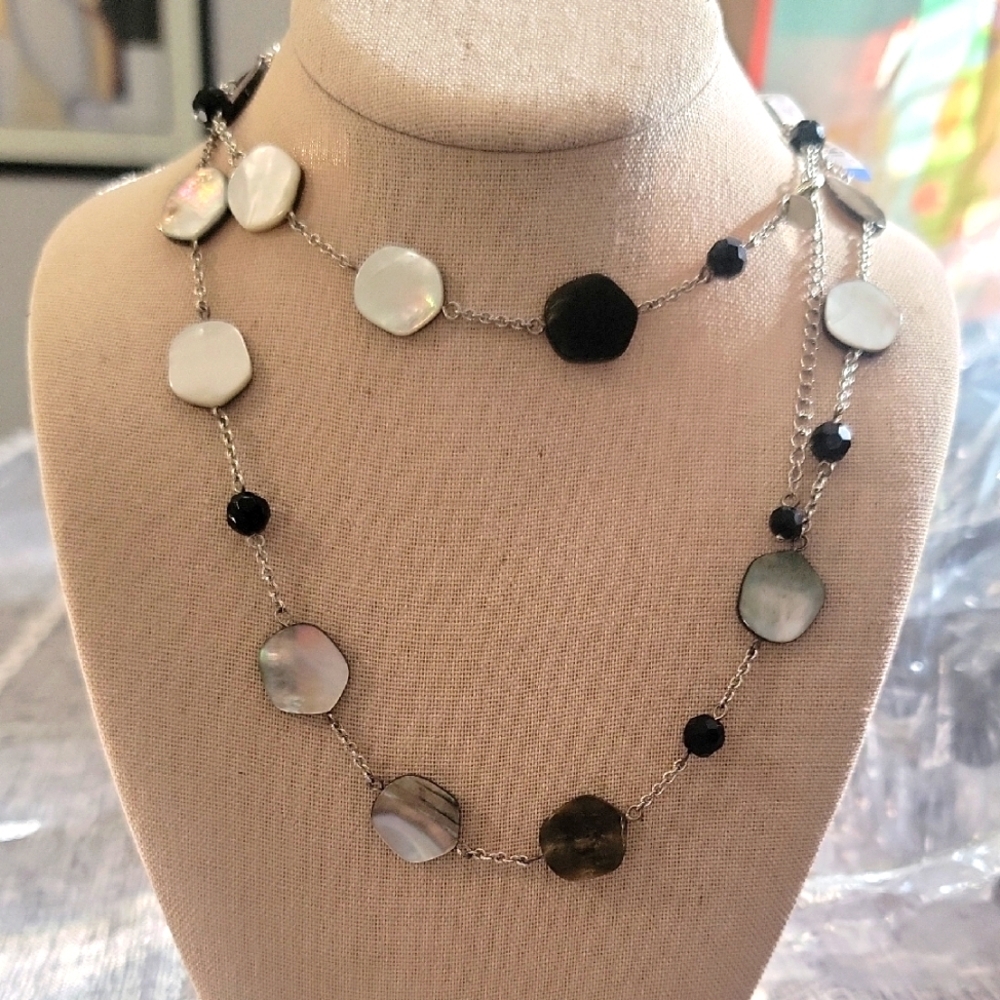 LIA SOPHIA Abalone Shell Silver Toned Disc Necklace Signed
